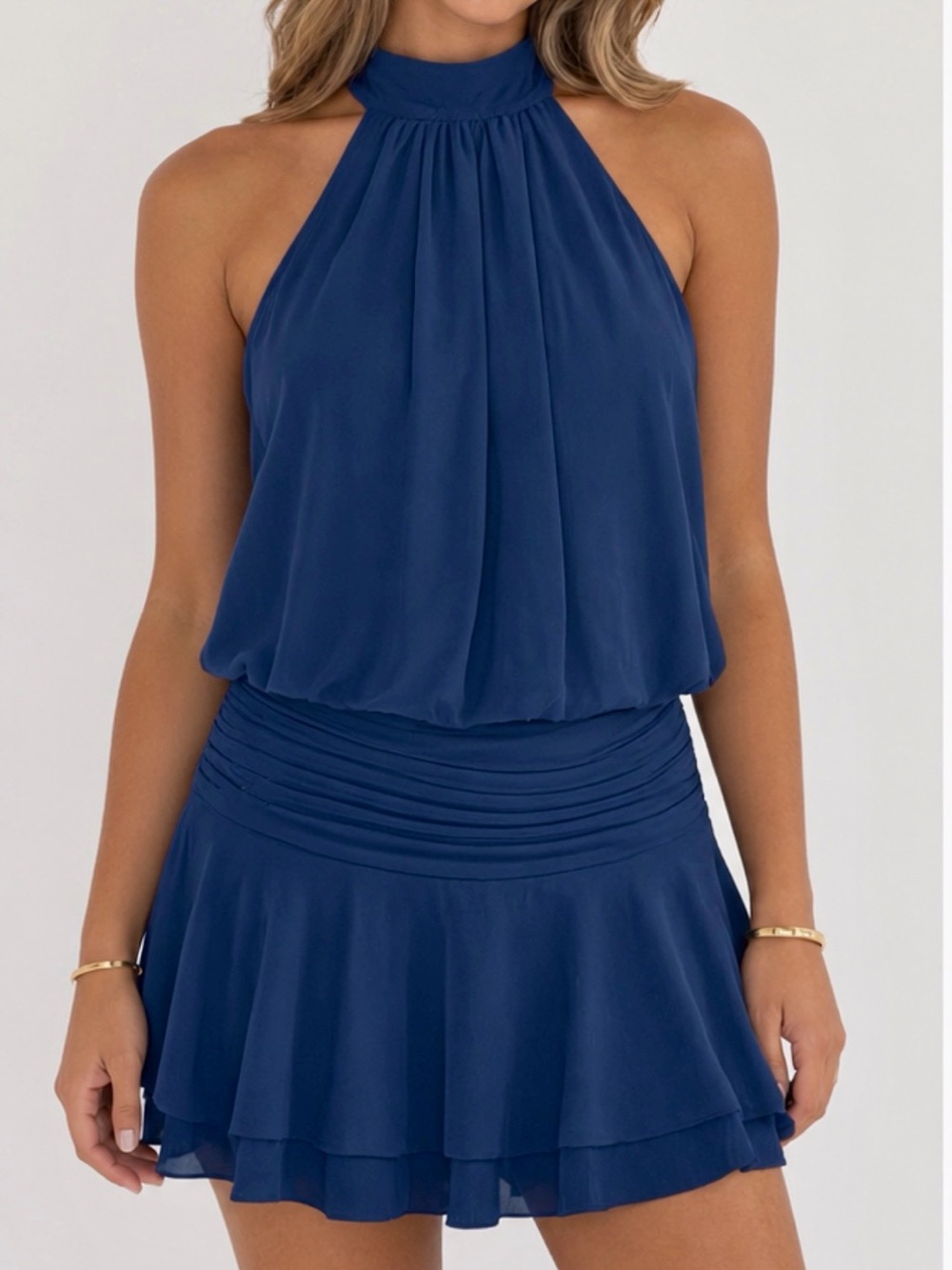Navy Halter Neck Mini Dress with Blouson Bodice